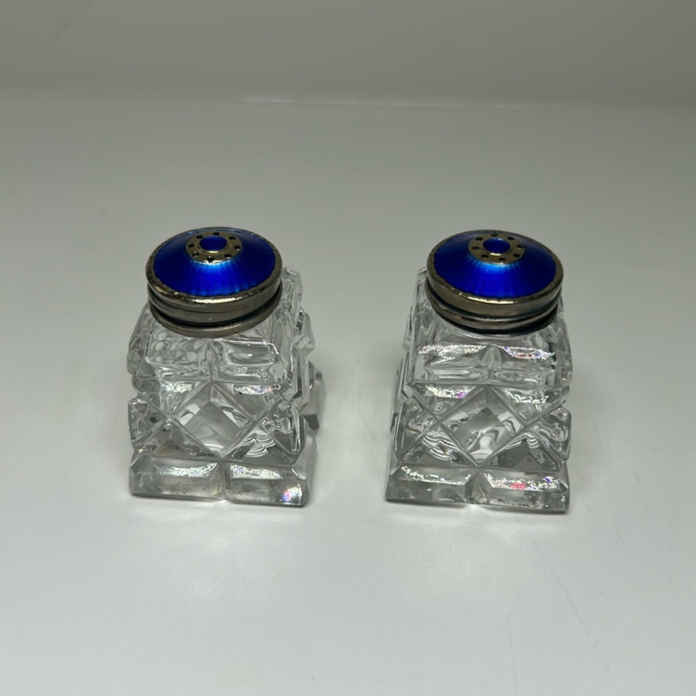 Hroar Prydz Norway Guilloche Enamel 925 Sterling Crystal Salt Pepper Shaker Set